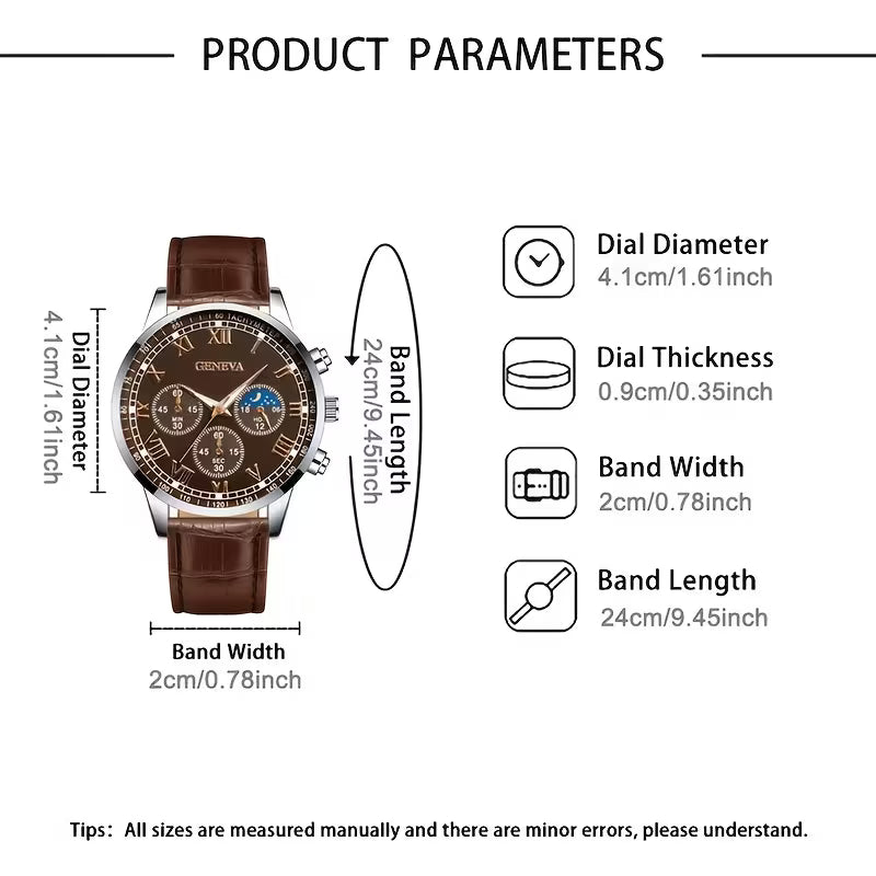 Men's Round Leather Quartz Watch