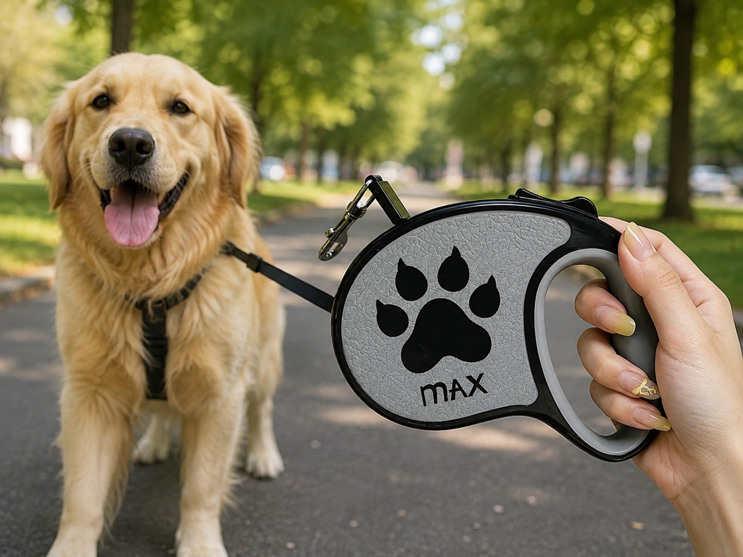 Retractable dog leash with custom name design