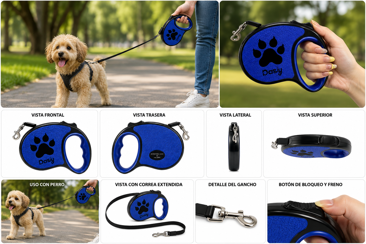 Retractable dog leash with adjustable rope name
