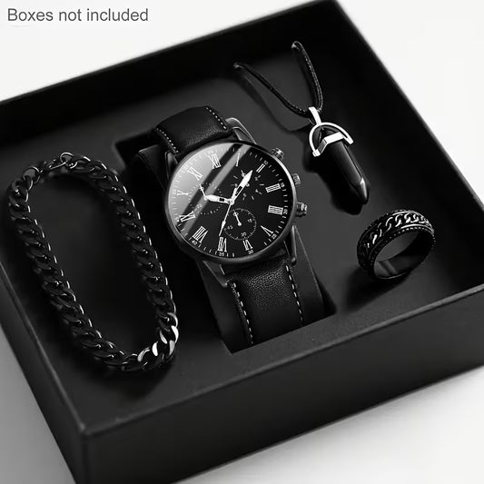 Pack 4 Piezas: Reloj + Collar + Anillo + Pulsera para Hombre