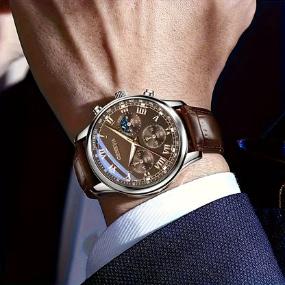 Men's Round Leather Quartz Watch