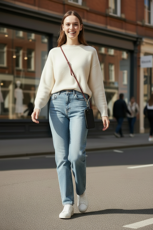 Chica sonriendo con correa crossbody y iPhone 17 Pro Max en la calle