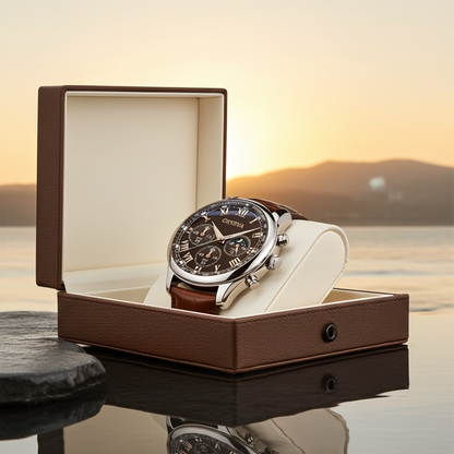 Men's Round Leather Quartz Watch