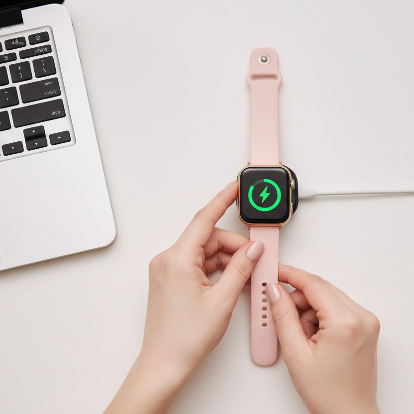 Smartwatch rosa cargándose vista cenital